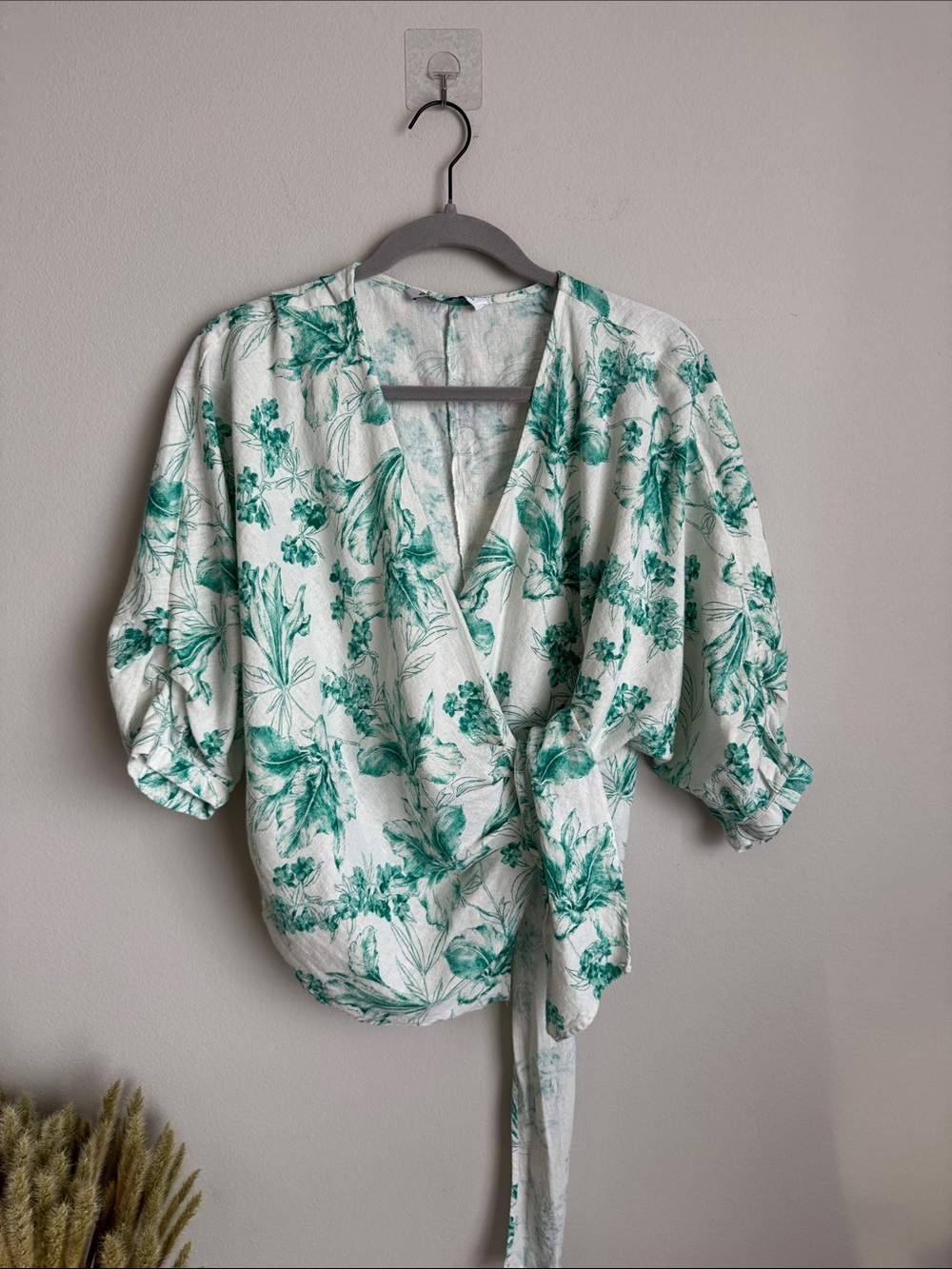 Zara Botanical Wrap Blouse XS Oversized Green Floral Linen Blend Top Cottagecore - Picture 10 of 11
